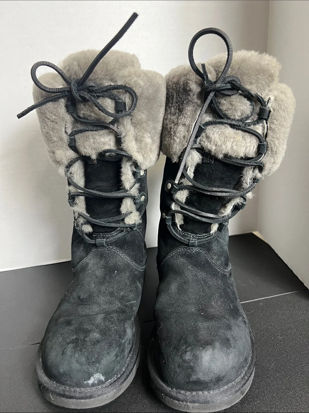 UGG Black Suede Lace-Up Shearling Winter Boots